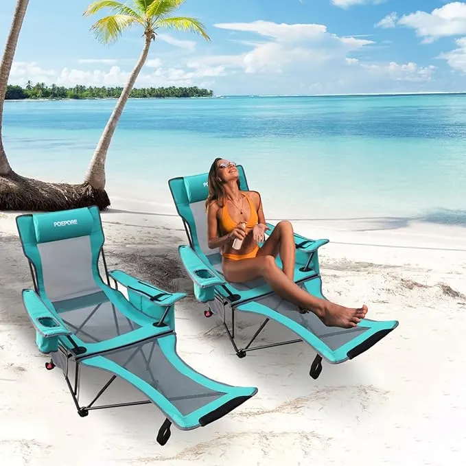 2-Pack Reclining Camping Chair 4 Position with Foot Rest Comfortable for Adults 265Ibs Folding Lounger Mesh Beach Chair with Cooler Bag and Cup Holder for Outdoor Patio