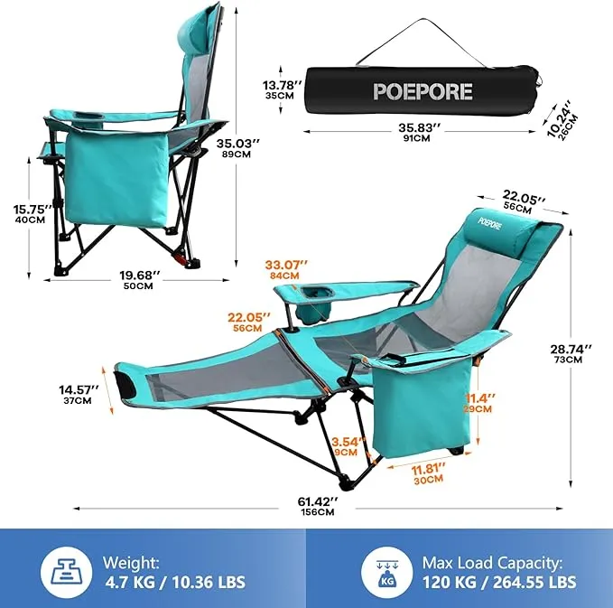 2-Pack Reclining Camping Chair 4 Position with Foot Rest Comfortable for Adults 265Ibs Folding Lounger Mesh Beach Chair with Cooler Bag and Cup Holder for Outdoor Patio
