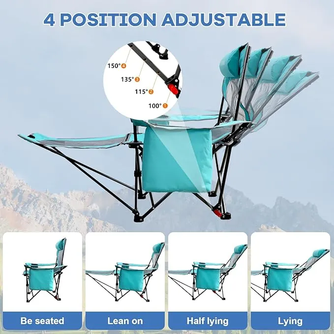 2-Pack Reclining Camping Chair 4 Position with Foot Rest Comfortable for Adults 265Ibs Folding Lounger Mesh Beach Chair with Cooler Bag and Cup Holder for Outdoor Patio