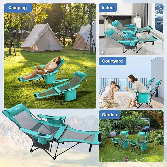 2-Pack Reclining Camping Chair 4 Position with Foot Rest Comfortable for Adults 265Ibs Folding Lounger Mesh Beach Chair with Cooler Bag and Cup Holder for Outdoor Patio