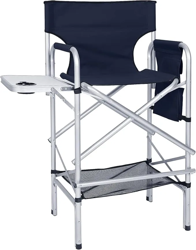 ABCCANOPY Folding Tall Directors Chair Outdoor Camping Chair Makeup Artist Chair with Side Table & Pockets, Navy Blue