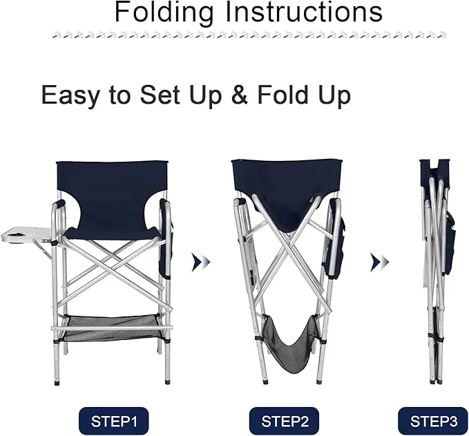 ABCCANOPY Folding Tall Directors Chair Outdoor Camping Chair Makeup Artist Chair with Side Table & Pockets, Navy Blue