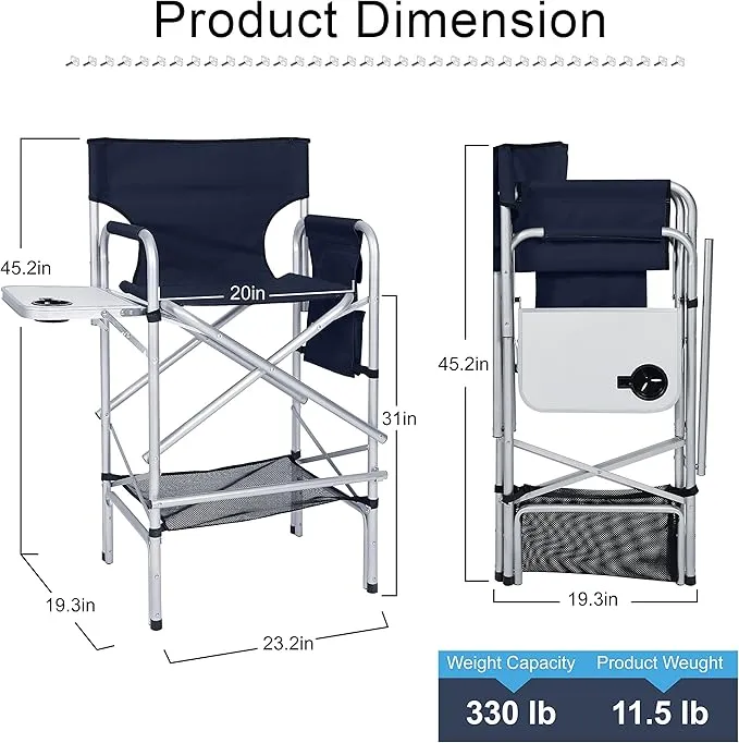 ABCCANOPY Folding Tall Directors Chair Outdoor Camping Chair Makeup Artist Chair with Side Table & Pockets, Navy Blue