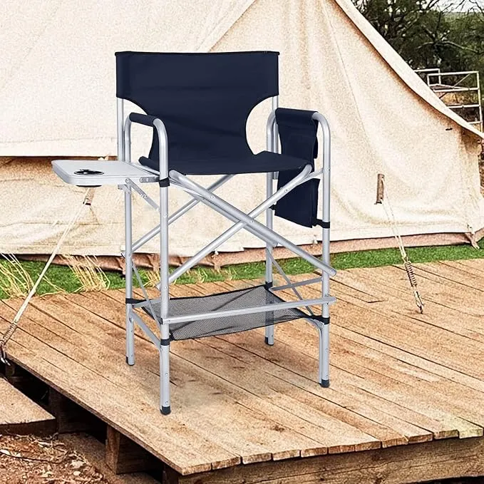 ABCCANOPY Folding Tall Directors Chair Outdoor Camping Chair Makeup Artist Chair with Side Table & Pockets, Navy Blue