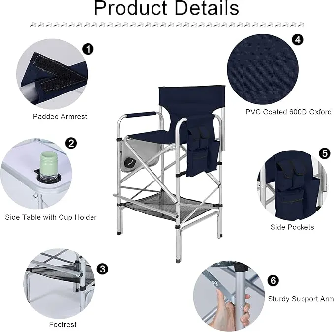 ABCCANOPY Folding Tall Directors Chair Outdoor Camping Chair Makeup Artist Chair with Side Table & Pockets, Navy Blue