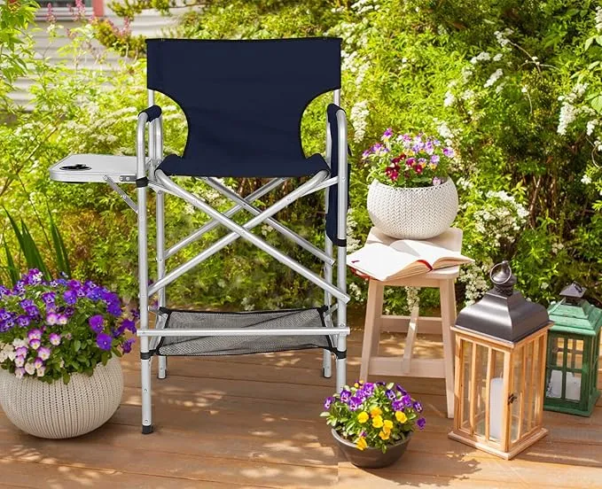 ABCCANOPY Folding Tall Directors Chair Outdoor Camping Chair Makeup Artist Chair with Side Table & Pockets, Navy Blue