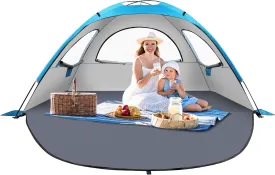 Beach Tent Sun Shelter for 3-4Person, Lightweight Beach Tent with UV Protection, 3 Mesh Roll Up Windows & 8.0mm Fiberglass, Easy Assemble