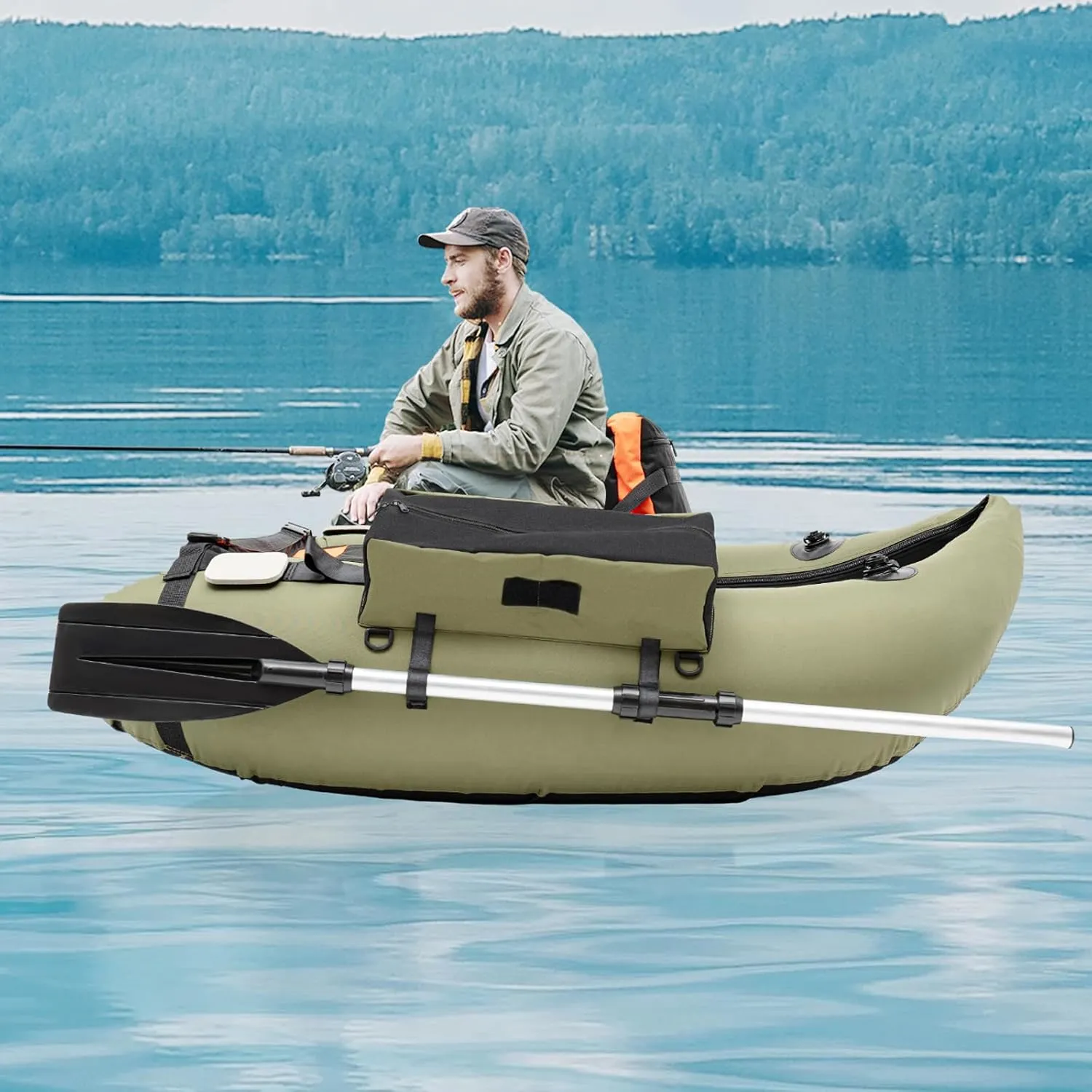 CNCEST Inflatable Fishing Boat, Outdoor Fishing Boat, Green Outdoor Float Tube,U-Shaped Boat Raft for Adults,Load Capacity 130Kg/286.6Lbs 53.5 * 41.3 * 21 inch