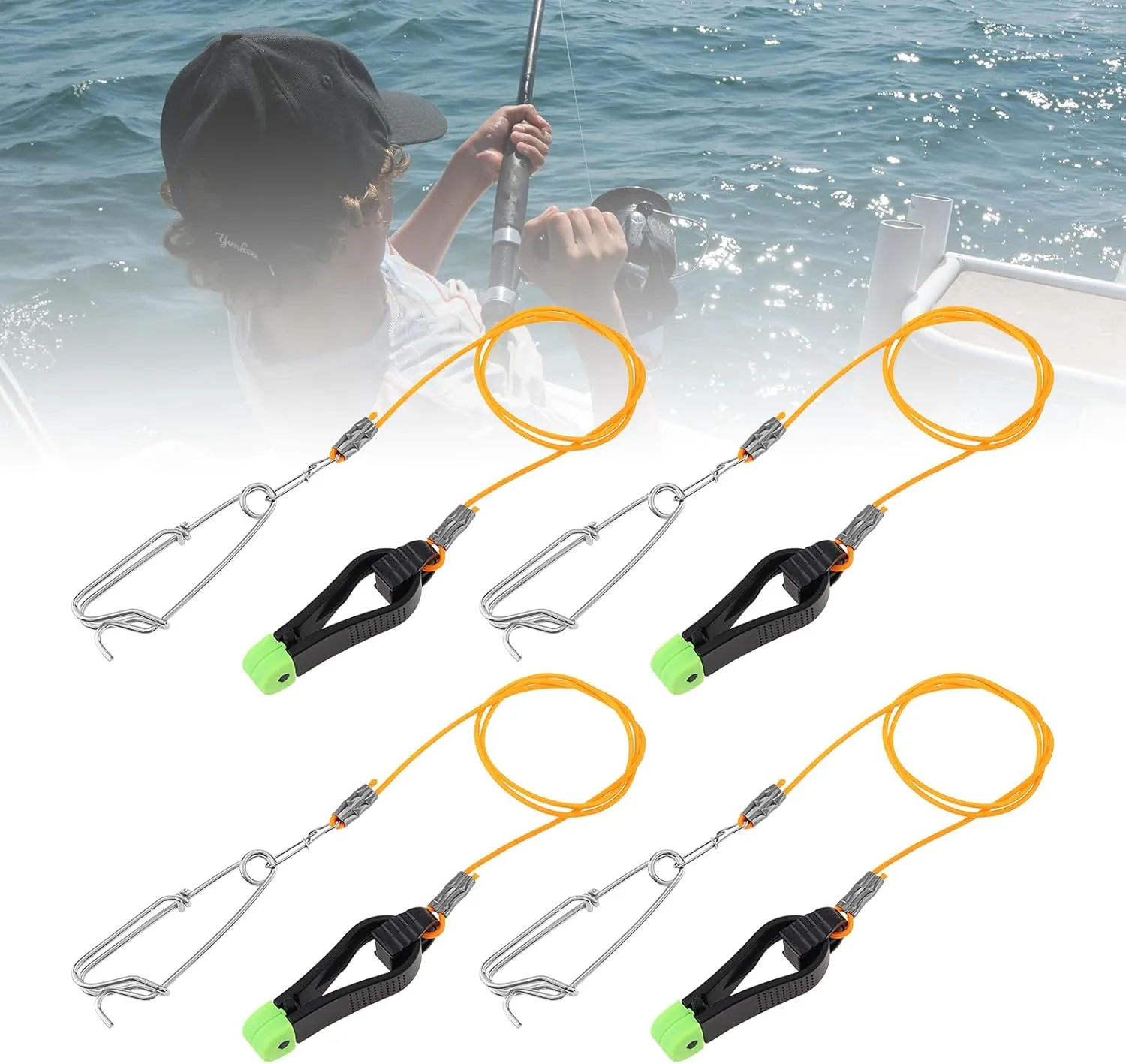 Conskyee 4PCS Power Grip Plus Line Release Clips, 25 Inch Leader with Snap Release Clip, Downrigger Release Clip Snap Weights for Planer Board, Outrigger Boat, Offshore, Kite, Lake, Trolling Fishing