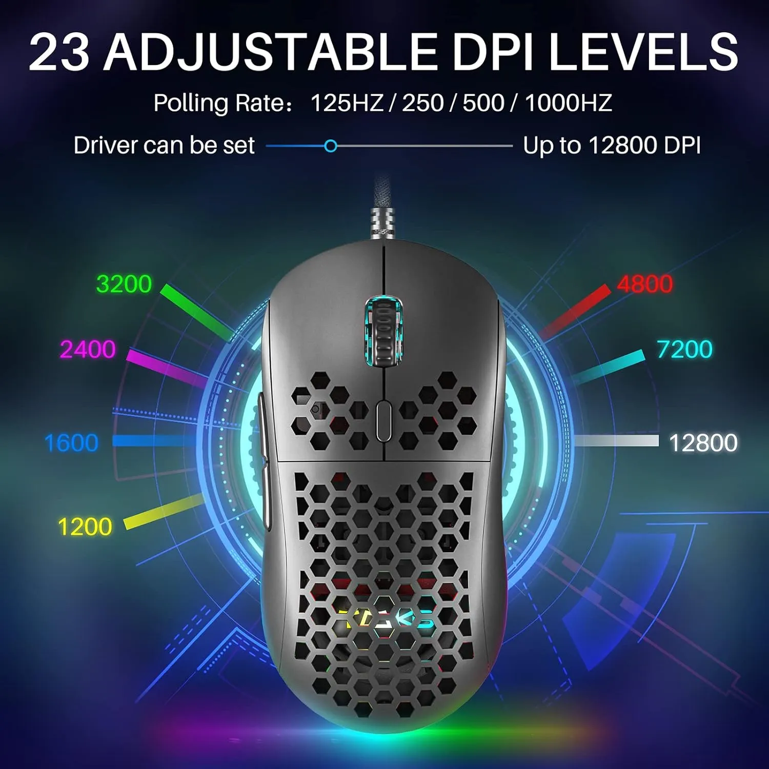 DIERYA M1SE Wired Gaming Mouse with Honeycomb Shell, 12800DPI Optical Sensor, 6 Programmable Macros, Software Support for Custom Key Config, and RGB Settings for Windows 7/8/10/XP, Vista, Linux-Black