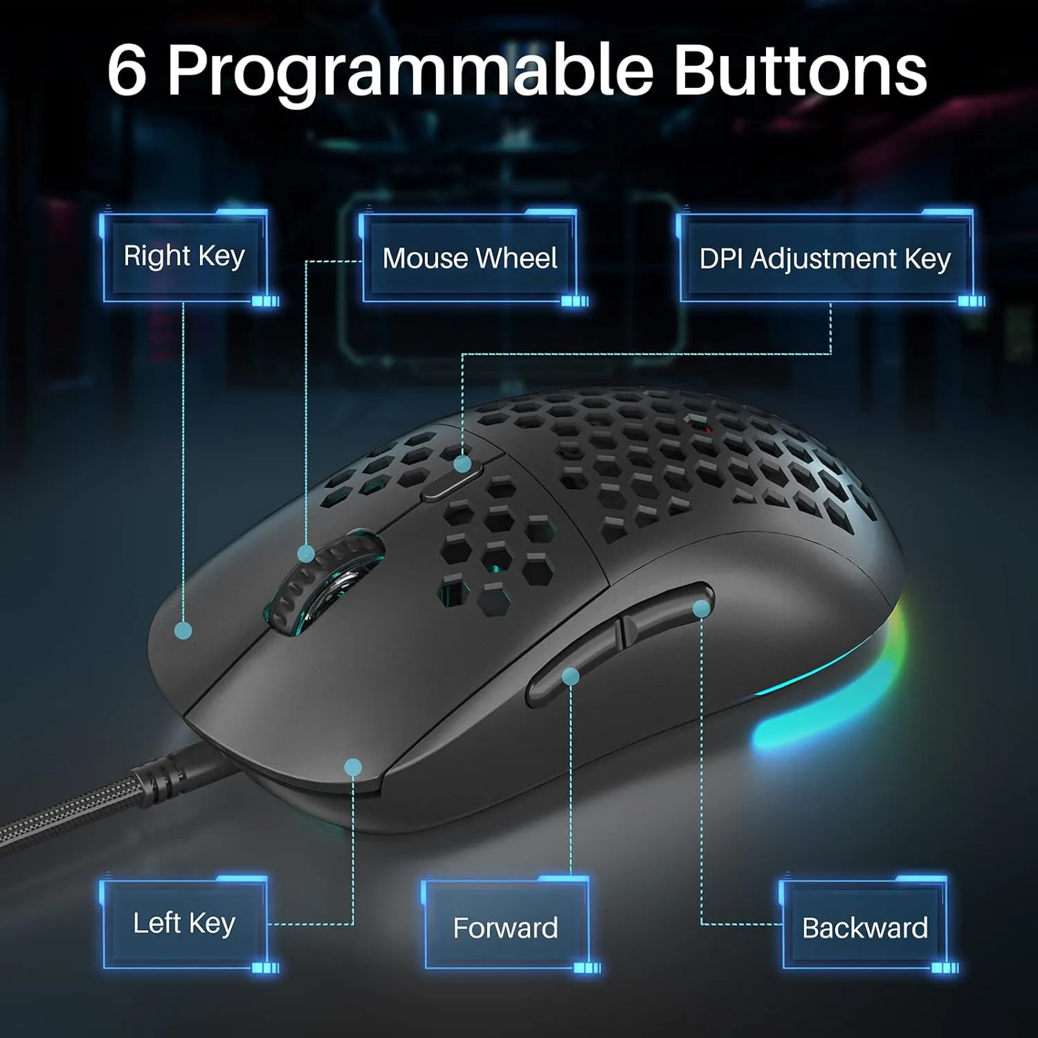 DIERYA M1SE Wired Gaming Mouse with Honeycomb Shell, 12800DPI Optical Sensor, 6 Programmable Macros, Software Support for Custom Key Config, and RGB Settings for Windows 7/8/10/XP, Vista, Linux-Black