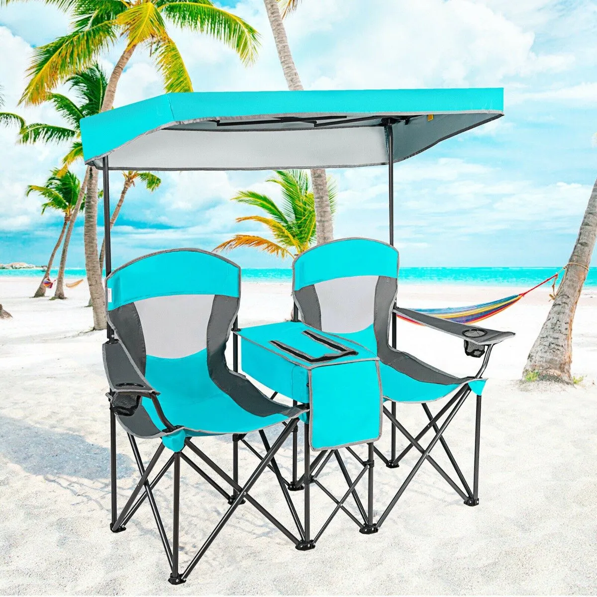 Double Folding Camping Chair with Canopy and Armrests-Turquoise