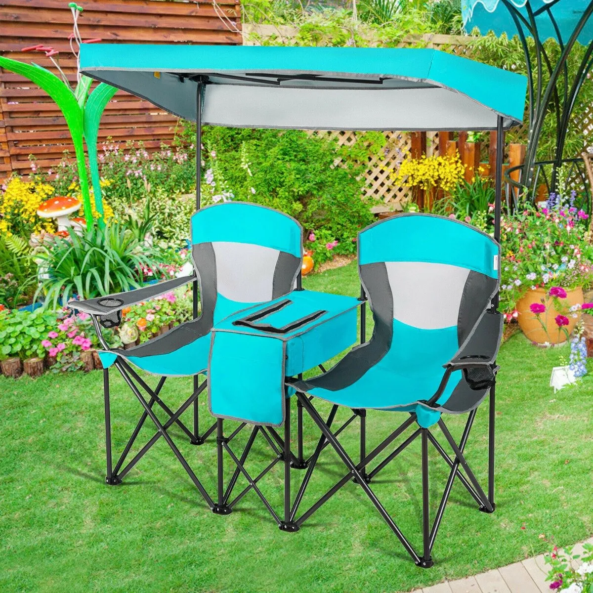 Double Folding Camping Chair with Canopy and Armrests-Turquoise
