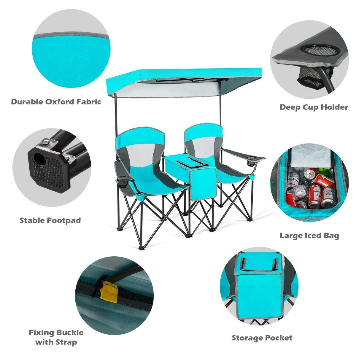 Double Folding Camping Chair with Canopy and Armrests-Turquoise