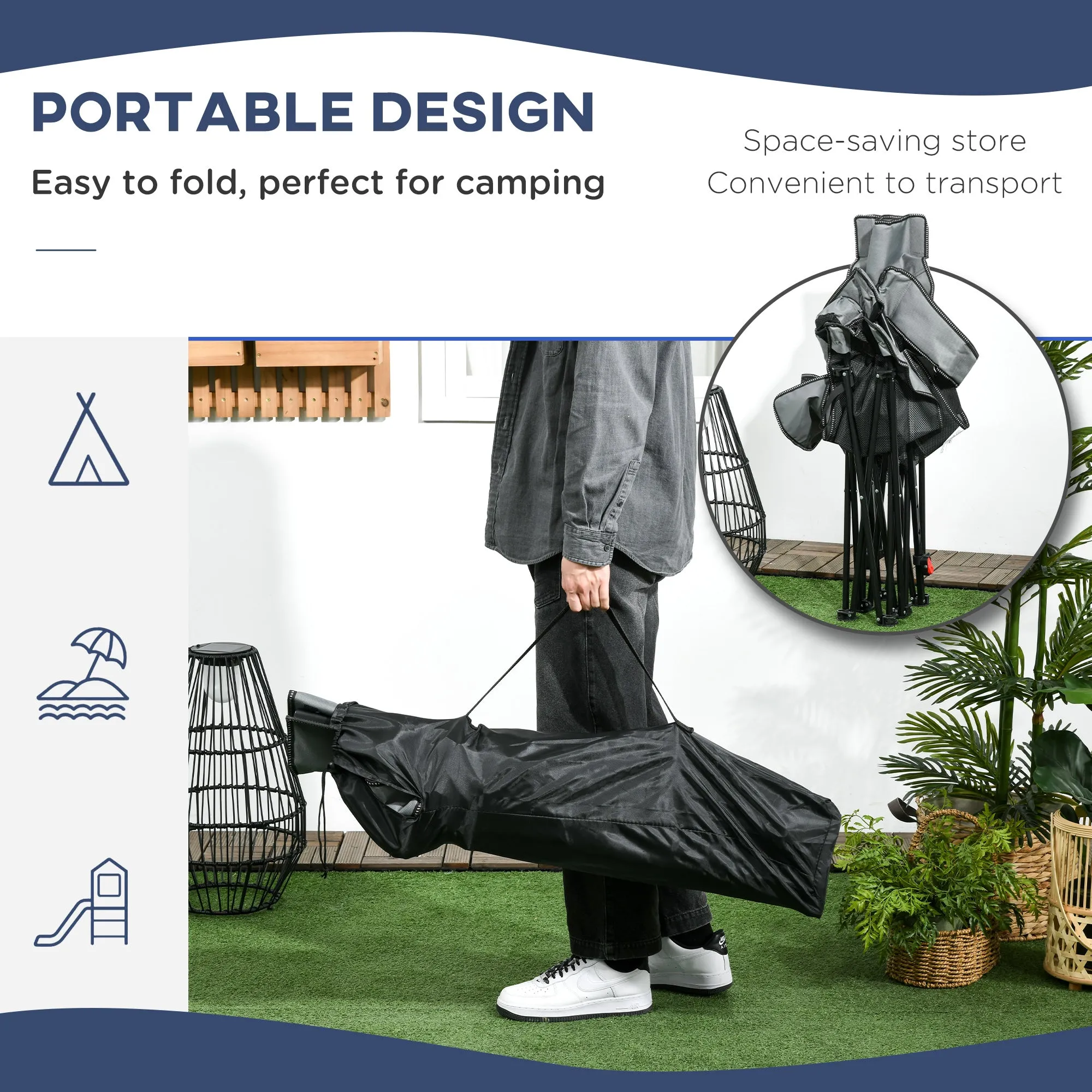 Foldable Reclining Garden Chairs with Footrest and Adjustable Backrest Portable Camping Chair with Headrest Cup Holder and Carry Bag Grey