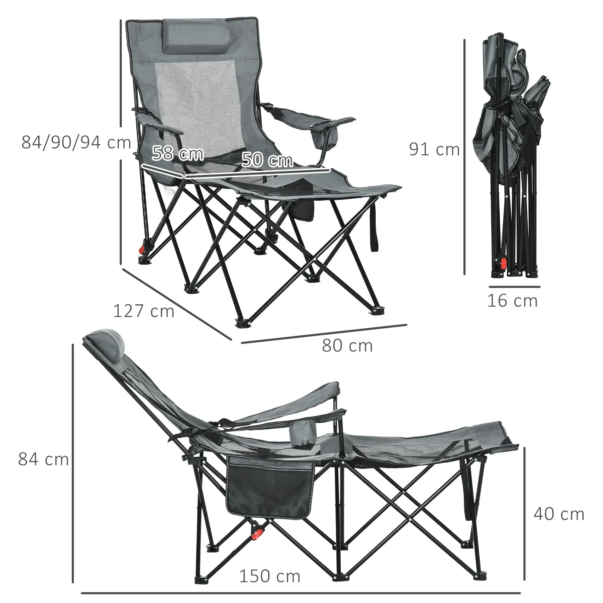 Foldable Reclining Garden Chairs with Footrest and Adjustable Backrest Portable Camping Chair with Headrest Cup Holder and Carry Bag Grey