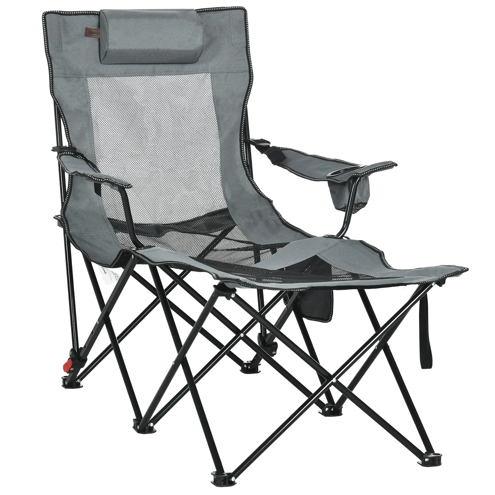 Foldable Reclining Garden Chairs with Footrest and Adjustable Backrest Portable Camping Chair with Headrest Cup Holder and Carry Bag Grey
