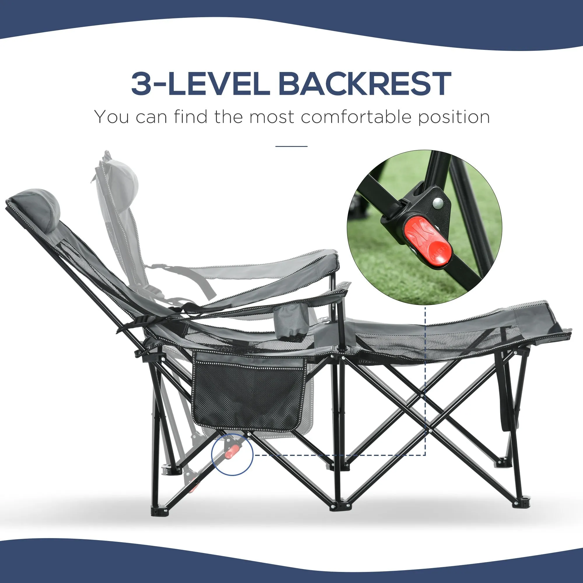 Foldable Reclining Garden Chairs with Footrest and Adjustable Backrest Portable Camping Chair with Headrest Cup Holder and Carry Bag Grey