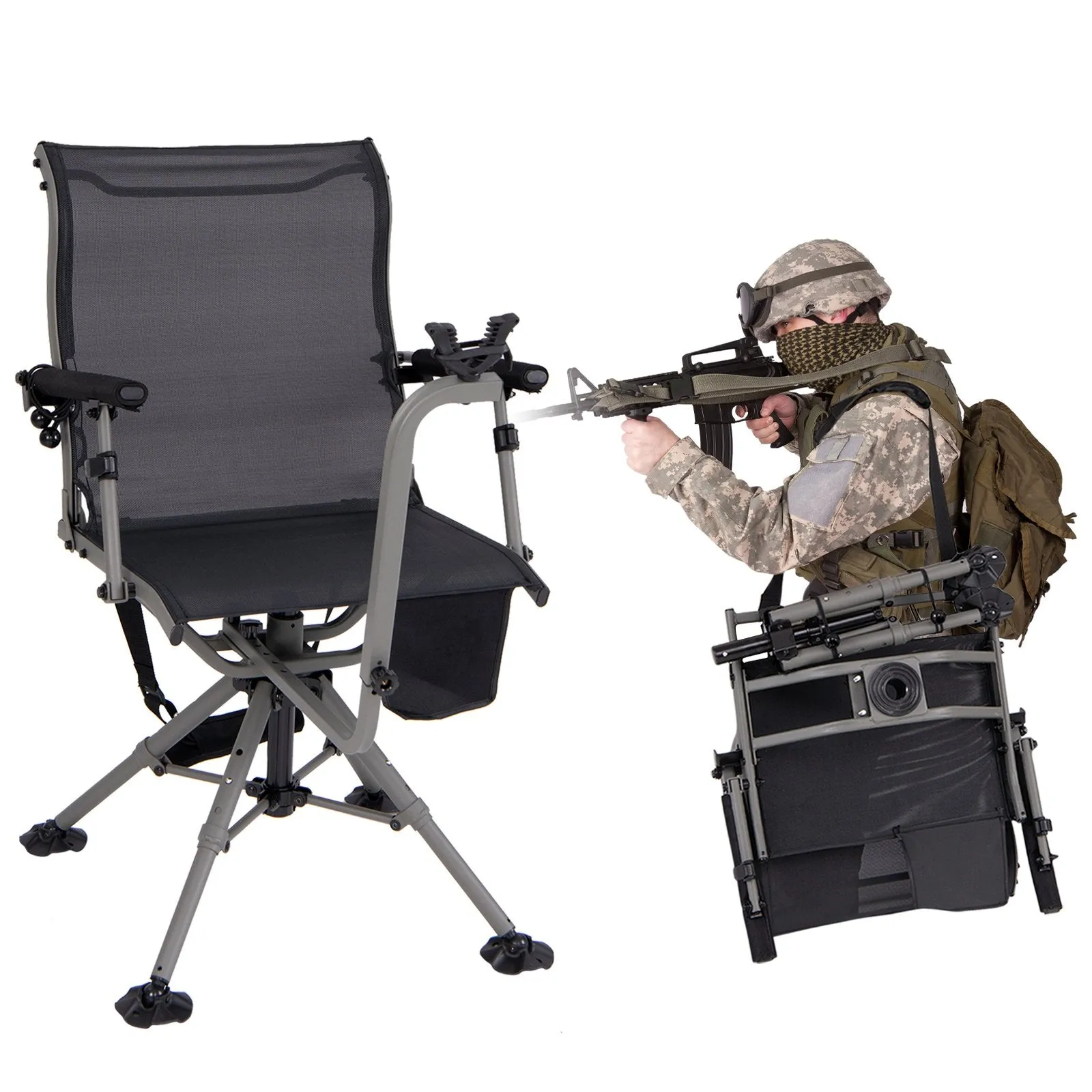 Foldable Shooting and Hunting Chair with 3 Position Adjustable Legs-Black