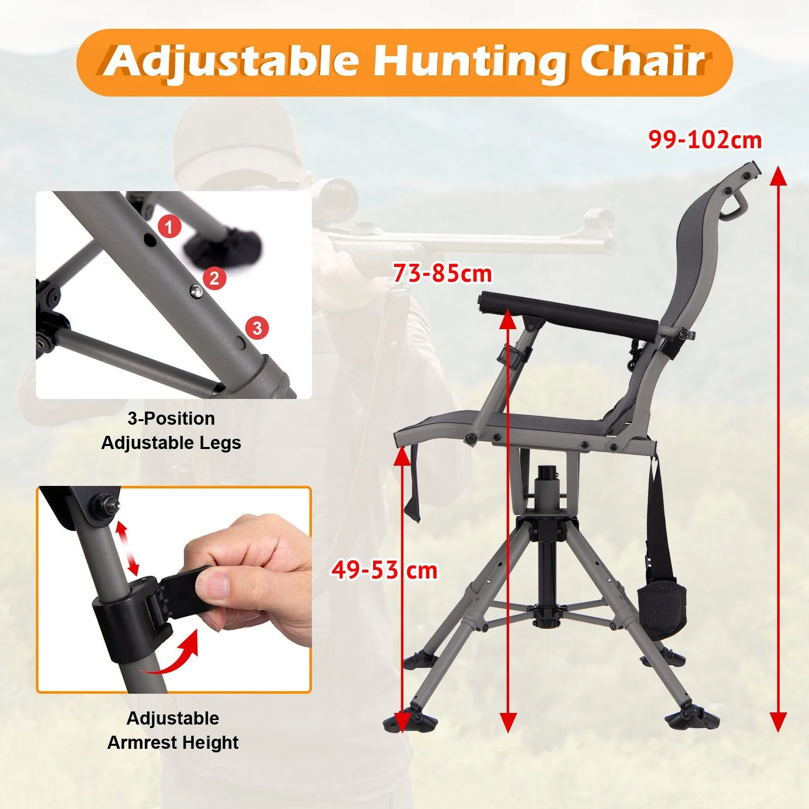 Foldable Shooting and Hunting Chair with 3 Position Adjustable Legs-Black