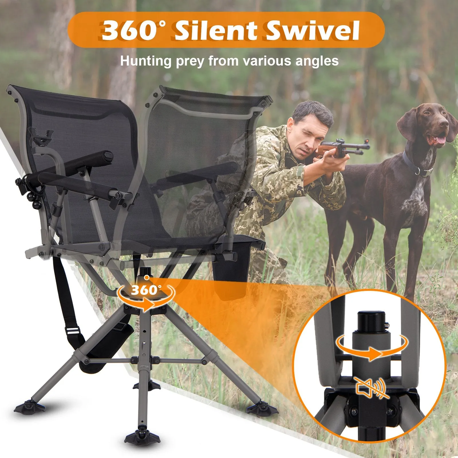 Foldable Shooting and Hunting Chair with 3 Position Adjustable Legs-Black