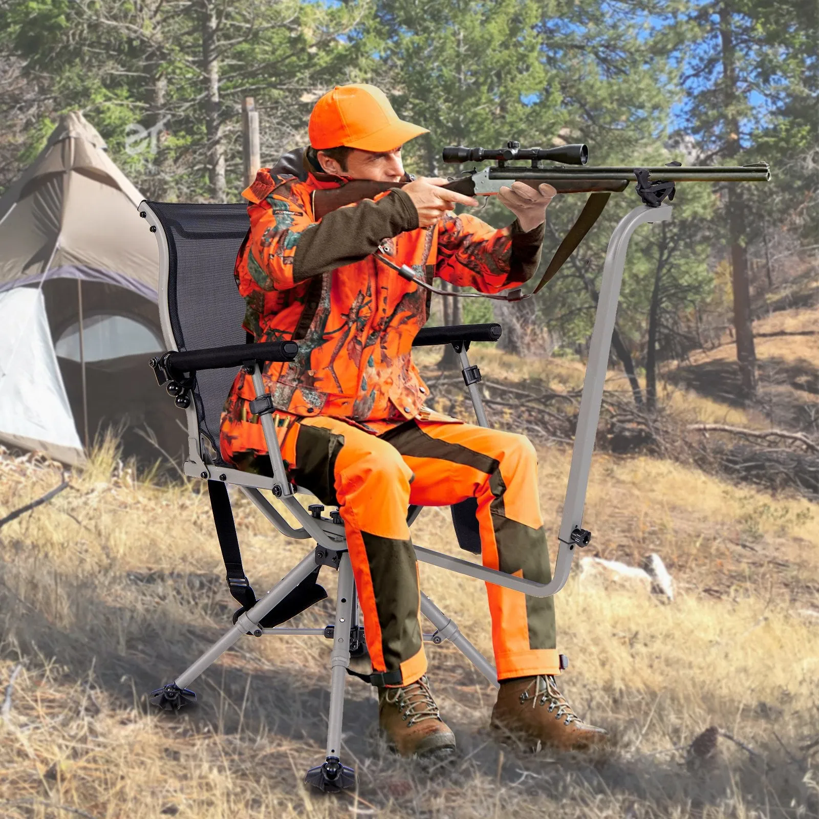 Foldable Shooting and Hunting Chair with 3 Position Adjustable Legs-Black