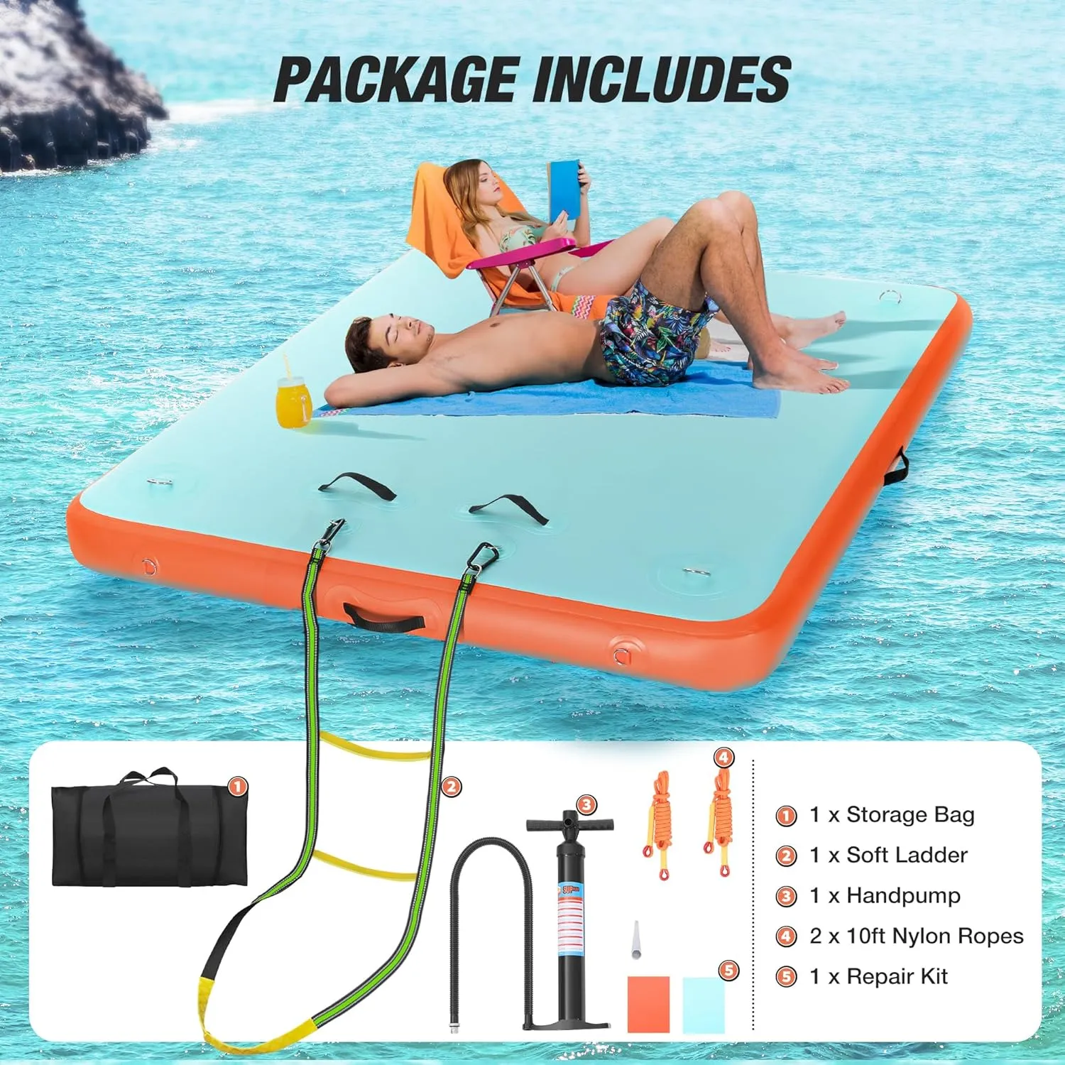 Inflatable Floating Dock, 5/8/10ft Air Dock Platform for Water Recreation, Inflatable Water Mat with Non-Slip Surface, Rope Ladder, Floating Island Raft for Ocean, Lake, River, Boat