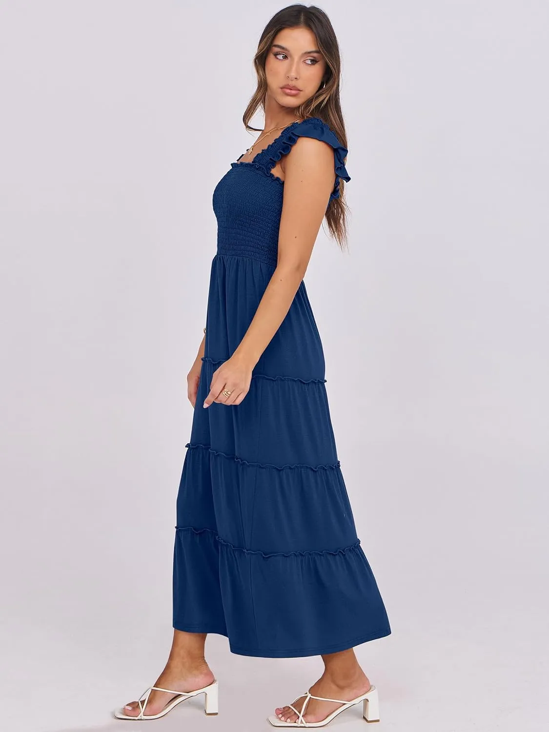 NRABESS Womens Smocked Maxi Dress Summer Casual Ruffle Square Neck Boho Ruffle Flowy A-line Beach Sundress with Pockets