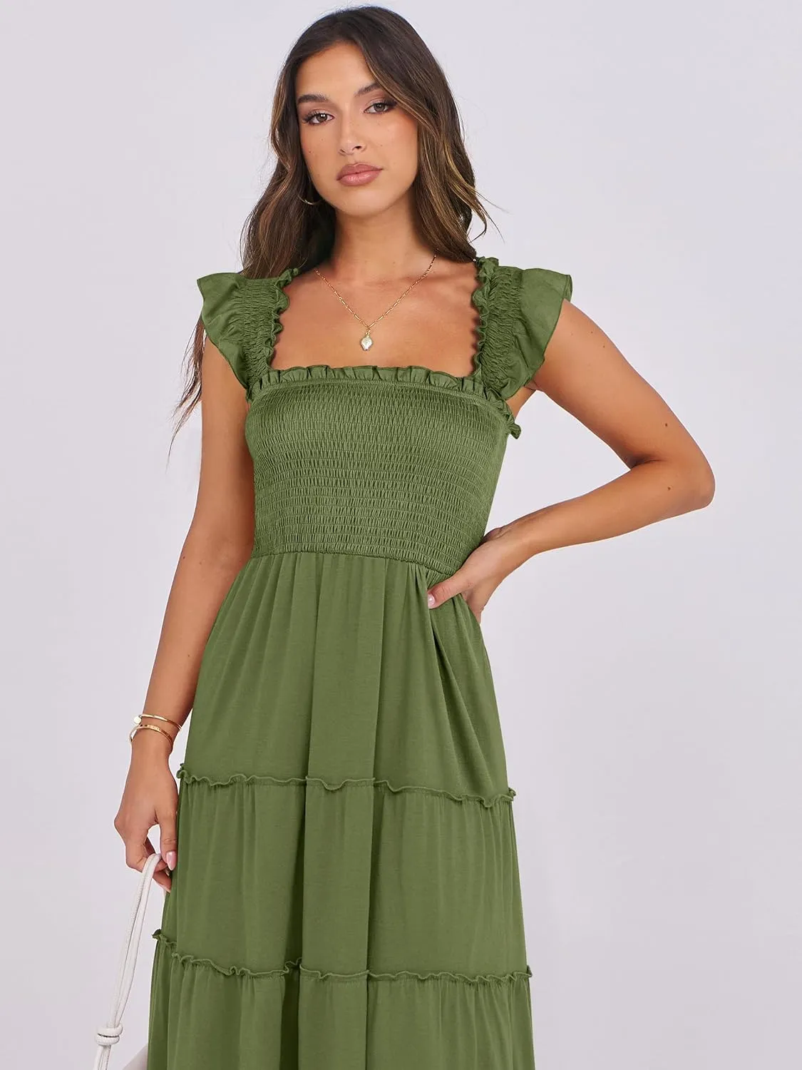NRABESS Womens Smocked Maxi Dress Summer Casual Ruffle Square Neck Boho Ruffle Flowy A-line Beach Sundress with Pockets