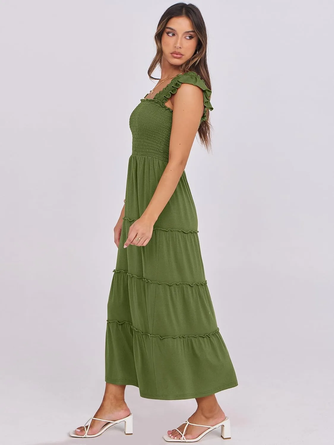 NRABESS Womens Smocked Maxi Dress Summer Casual Ruffle Square Neck Boho Ruffle Flowy A-line Beach Sundress with Pockets