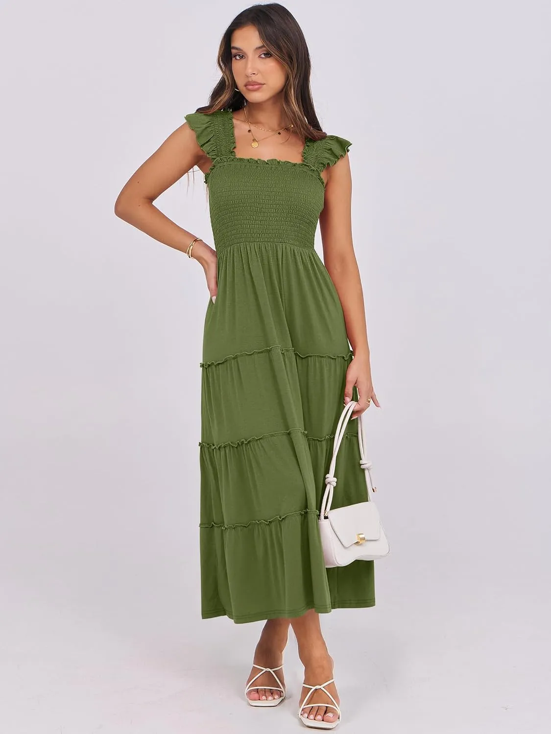 NRABESS Womens Smocked Maxi Dress Summer Casual Ruffle Square Neck Boho Ruffle Flowy A-line Beach Sundress with Pockets