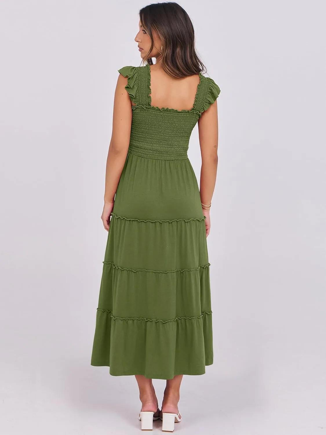 NRABESS Womens Smocked Maxi Dress Summer Casual Ruffle Square Neck Boho Ruffle Flowy A-line Beach Sundress with Pockets