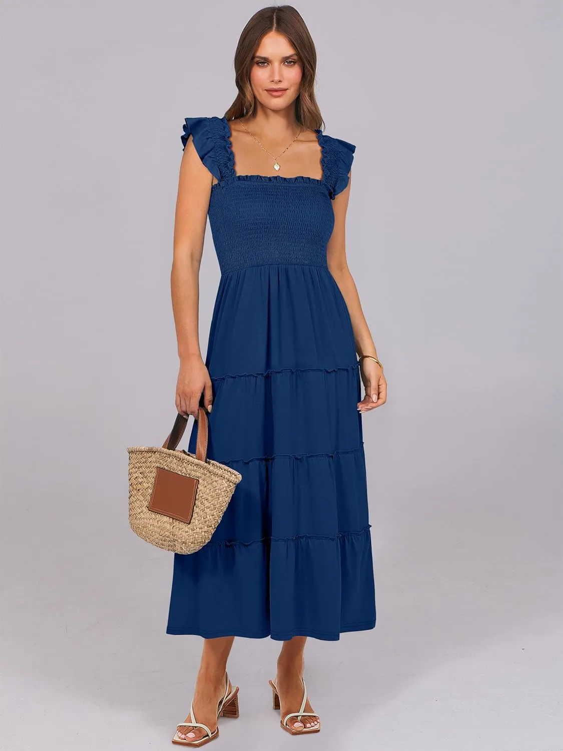NRABESS Womens Smocked Maxi Dress Summer Casual Ruffle Square Neck Boho Ruffle Flowy A-line Beach Sundress with Pockets