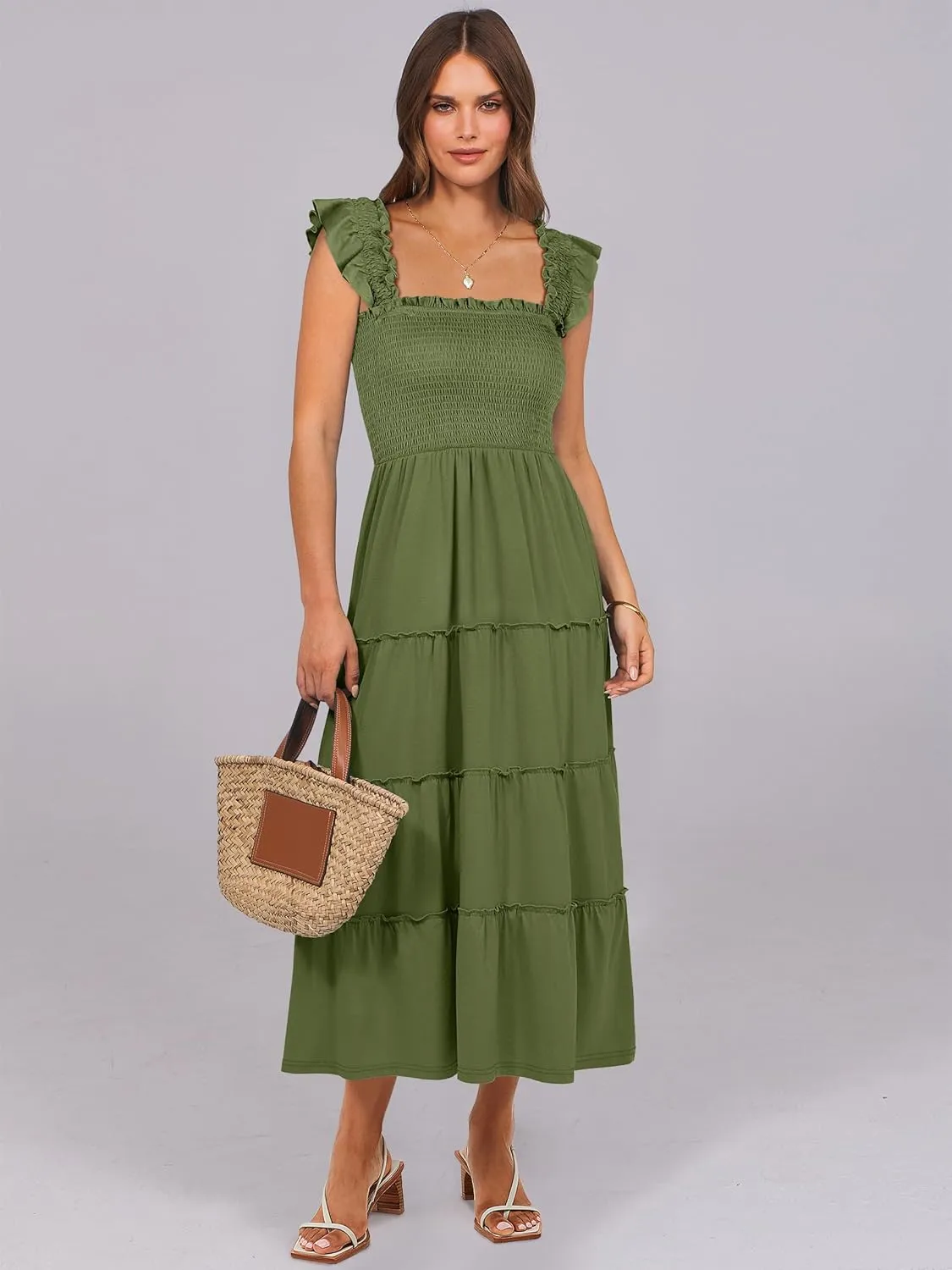 NRABESS Womens Smocked Maxi Dress Summer Casual Ruffle Square Neck Boho Ruffle Flowy A-line Beach Sundress with Pockets