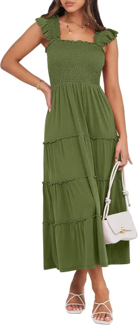 NRABESS Womens Smocked Maxi Dress Summer Casual Ruffle Square Neck Boho Ruffle Flowy A-line Beach Sundress with Pockets