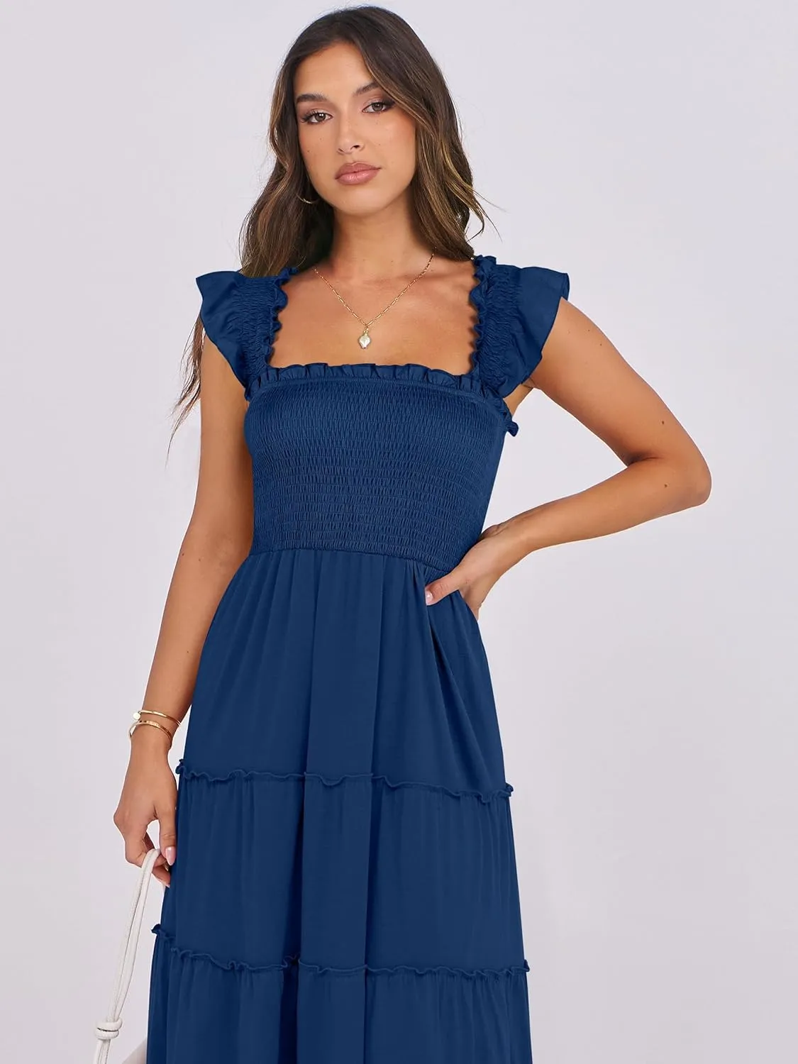 NRABESS Womens Smocked Maxi Dress Summer Casual Ruffle Square Neck Boho Ruffle Flowy A-line Beach Sundress with Pockets