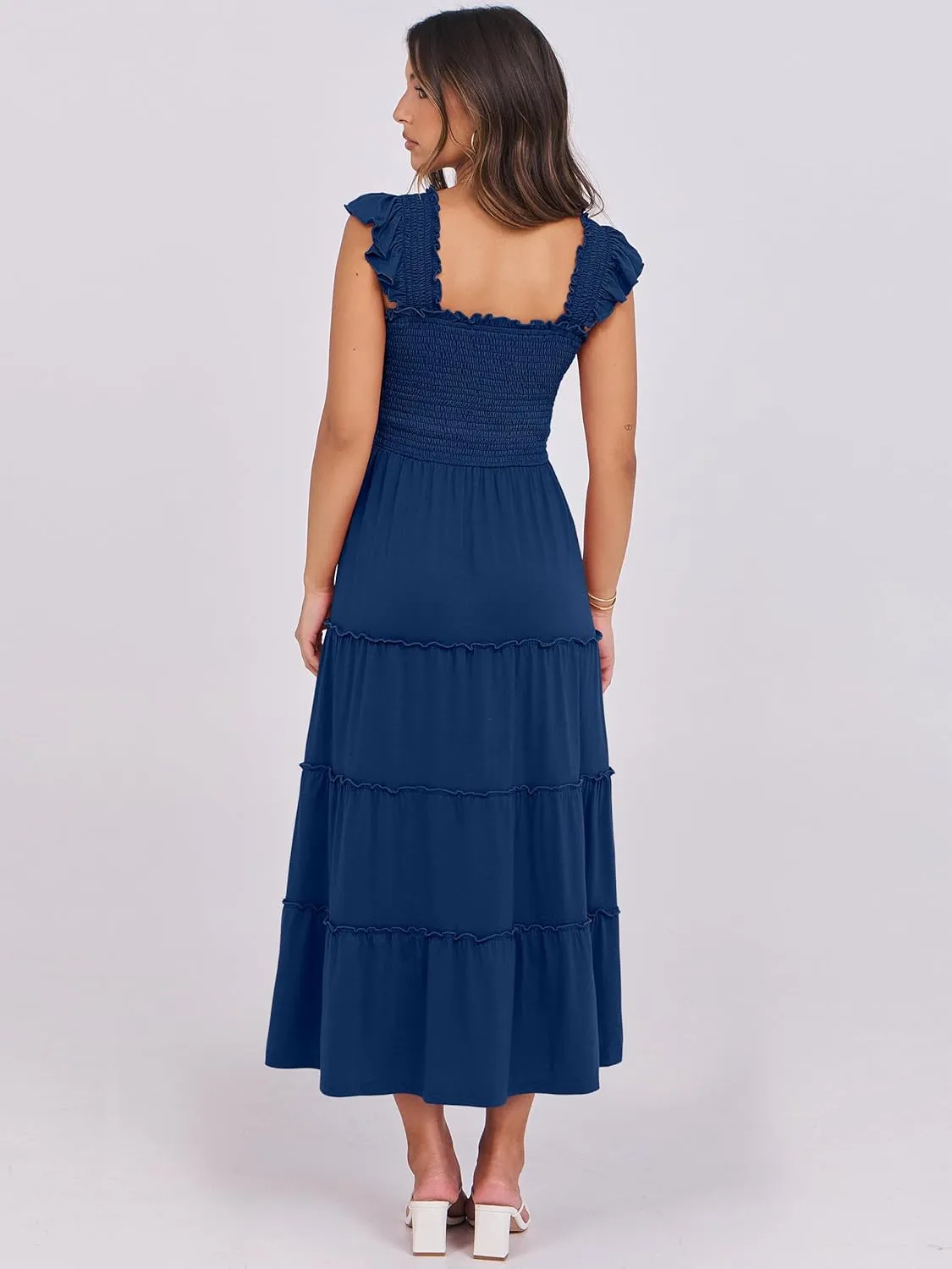 NRABESS Womens Smocked Maxi Dress Summer Casual Ruffle Square Neck Boho Ruffle Flowy A-line Beach Sundress with Pockets