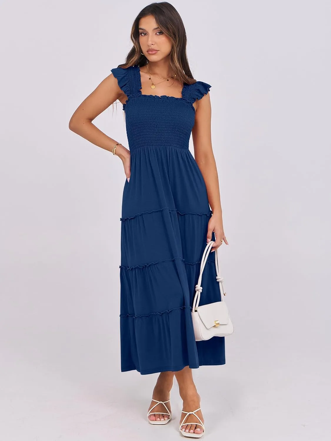 NRABESS Womens Smocked Maxi Dress Summer Casual Ruffle Square Neck Boho Ruffle Flowy A-line Beach Sundress with Pockets