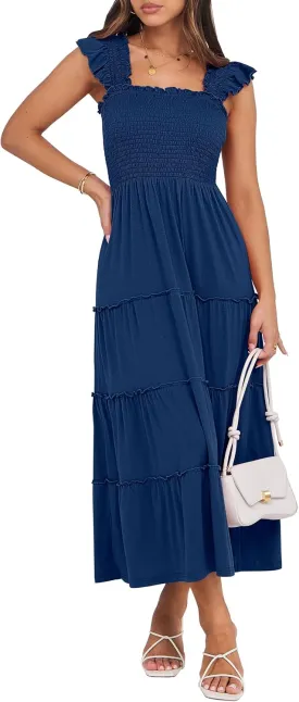 NRABESS Womens Smocked Maxi Dress Summer Casual Ruffle Square Neck Boho Ruffle Flowy A-line Beach Sundress with Pockets