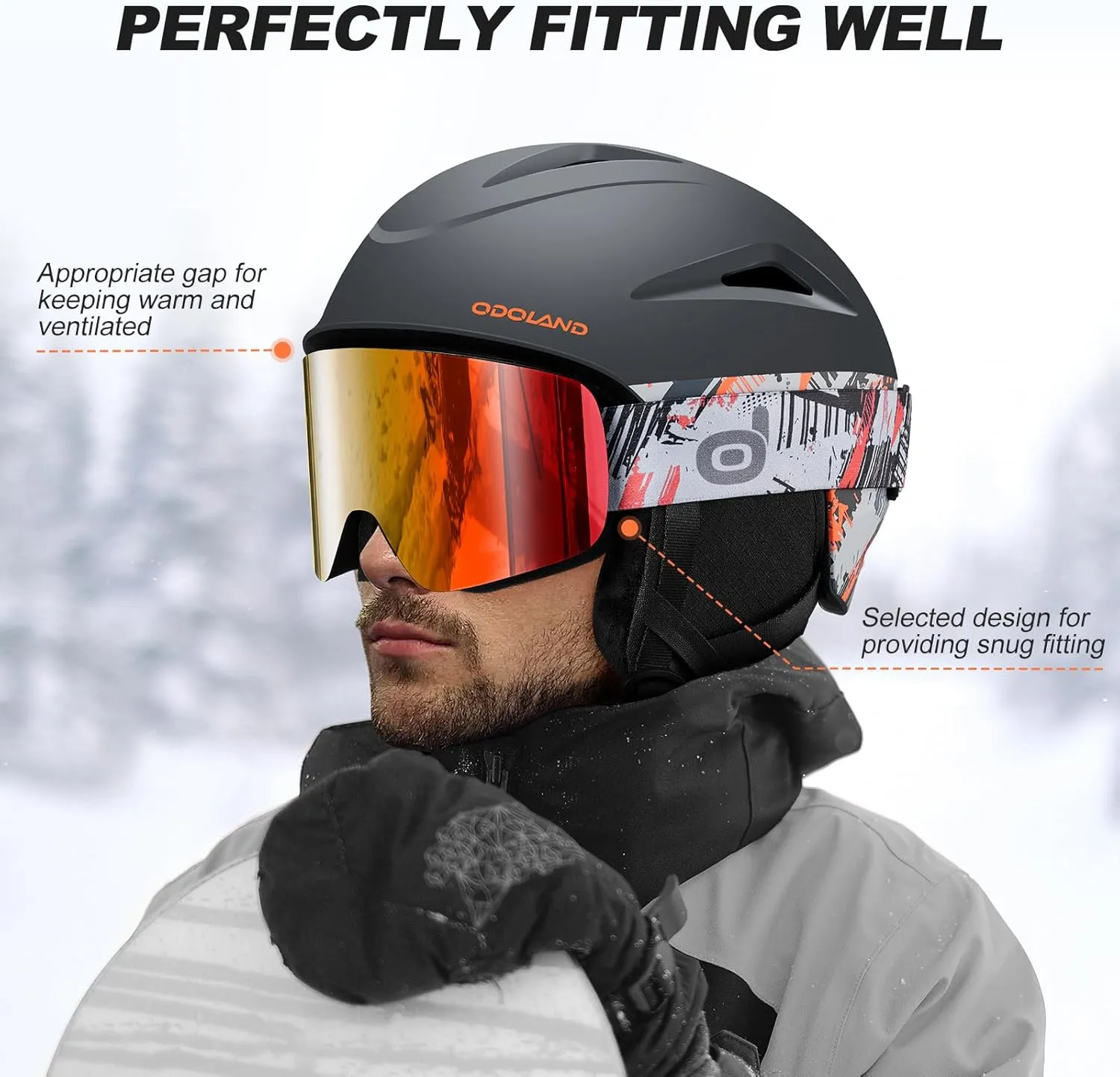 Odoland Ski Helmet, Snowboard Helmet with Ski Goggles, Audio Compatible, Shockproof, Windproof, Snow Sports Helmet and Protective Glasses for Men Women Youth