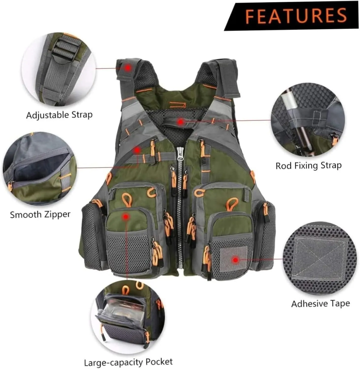 Outdoor Fishing Life Vest with Zip and Adjustable Belt, Multi Pocket Jacket for Fishing Accessory