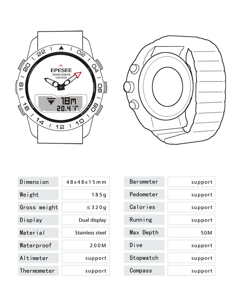 Pilot Digital Diving Outdoor Sport 20ATM Watches for Men