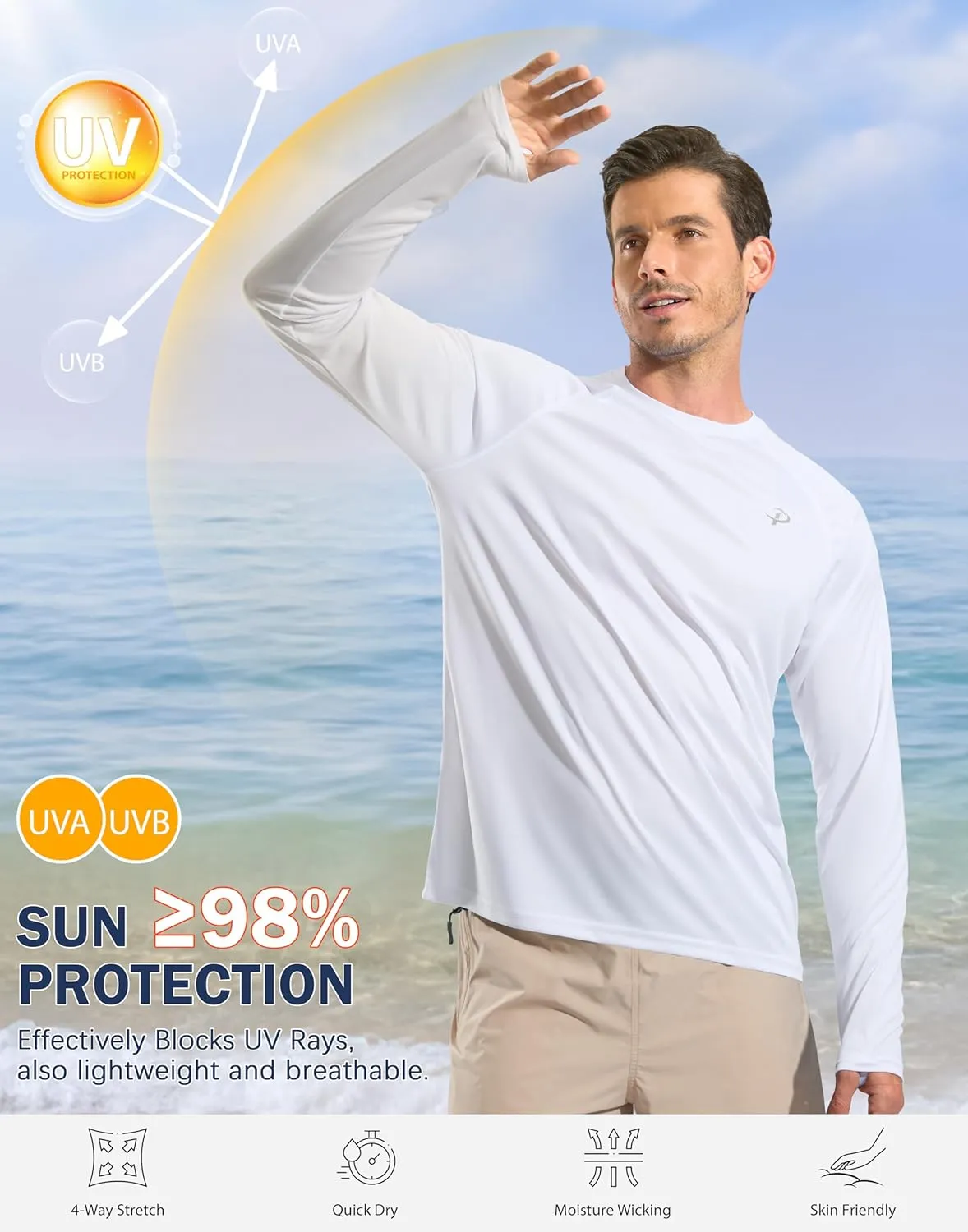 Pudolla Men's Sun Protection Shirts UV SPF UPF 50  Rash Guard Long Sleeve Lightweight Quick Dry Brethable Swimming Fishing