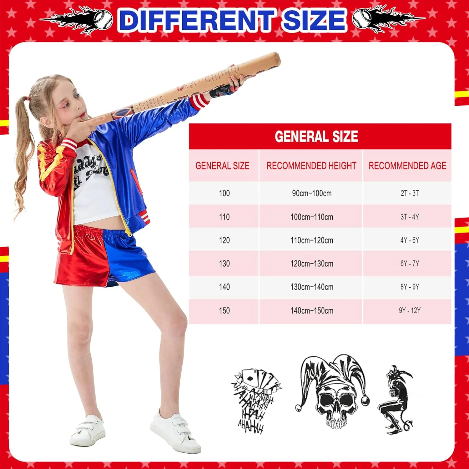 Super Hero Cosplay Costume with T-Shirt Jacket Pant Gloves and Good Night Soft PVC Baseball Bat for Harley Girls