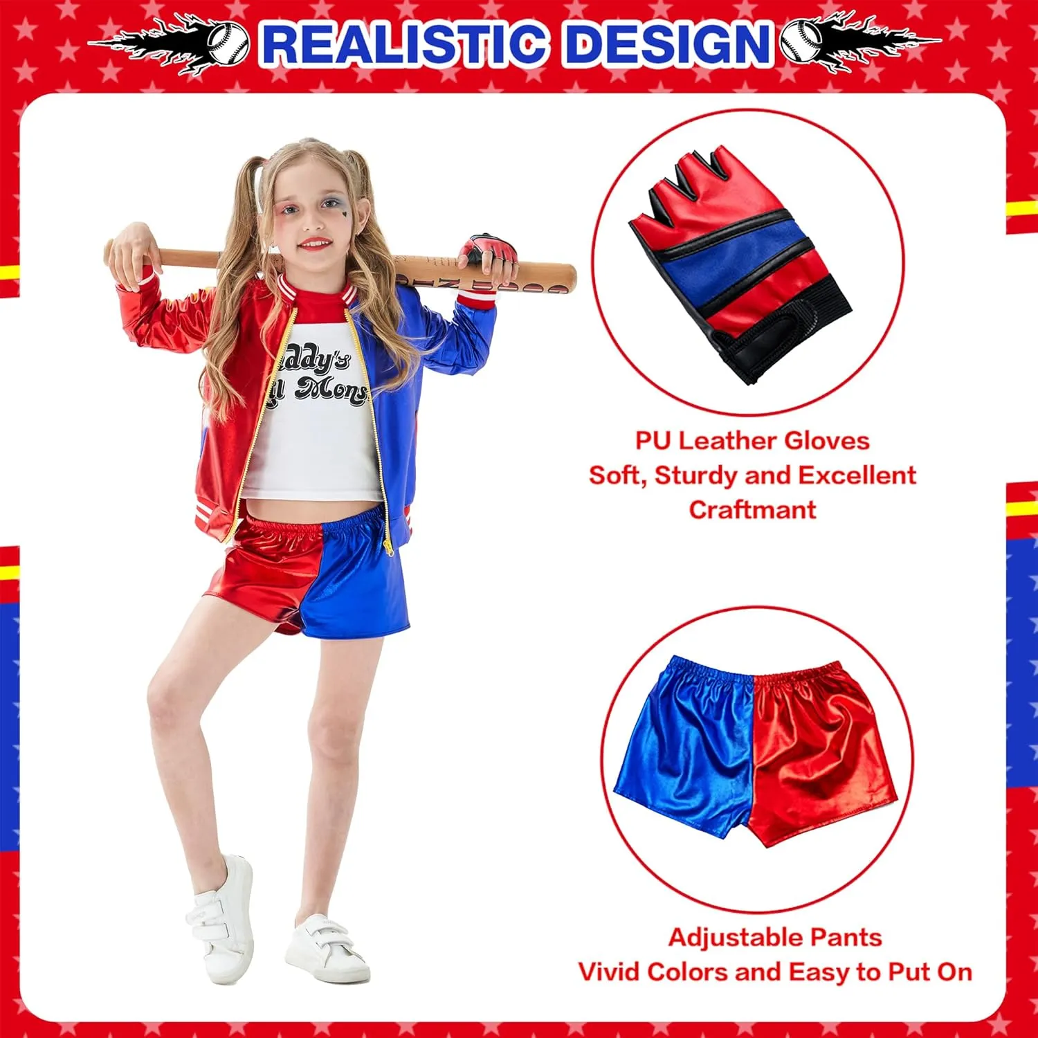 Super Hero Cosplay Costume with T-Shirt Jacket Pant Gloves and Good Night Soft PVC Baseball Bat for Harley Girls