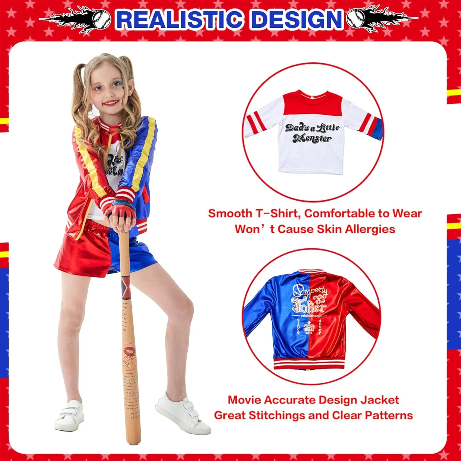 Super Hero Cosplay Costume with T-Shirt Jacket Pant Gloves and Good Night Soft PVC Baseball Bat for Harley Girls