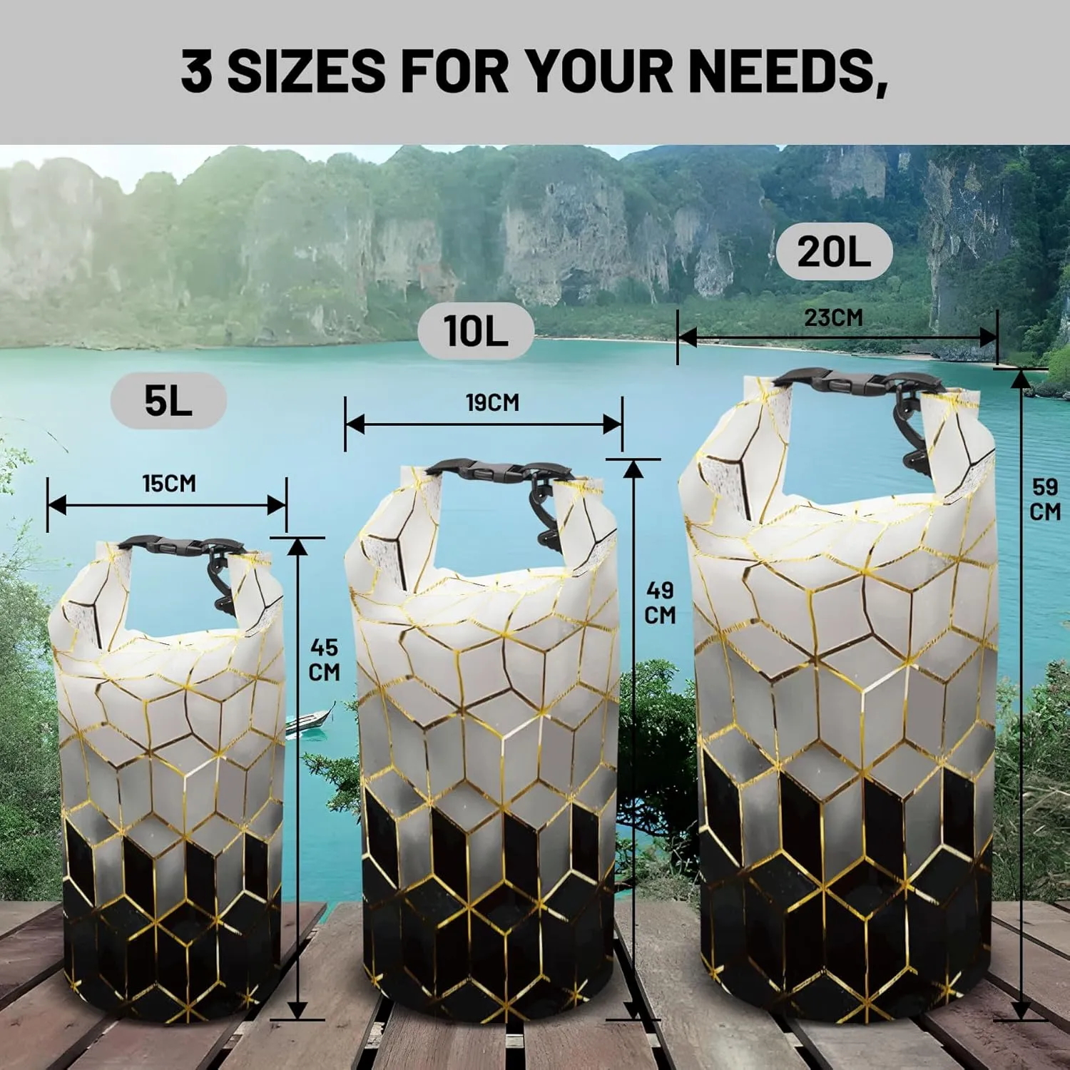Waterproof Dry Bag,Roll Top Geometric Ombre Waterproof Backpack 5L/10L/20L Floating and Lightweight Bags for Kayaking, Boating, Fishing, Swimming and Camping