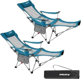 #WEJOY 2-in-1 Reclining Camping Chair, Lightweight Folding Camping Chair with Adjustable Backrest & Footrest, Camping Lounge Chair with Headrest, Cup Holder, Storage Bag, for Beach, Lawn, 2 Pack