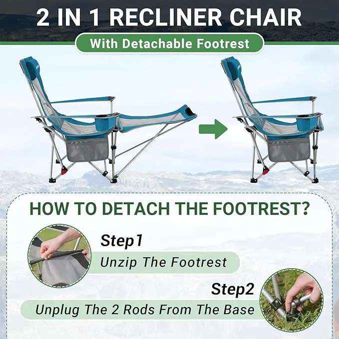 #WEJOY 2-in-1 Reclining Camping Chair, Lightweight Folding Camping Chair with Adjustable Backrest & Footrest, Camping Lounge Chair with Headrest, Cup Holder, Storage Bag, for Beach, Lawn, 2 Pack