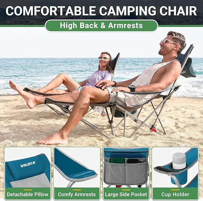 #WEJOY 2-in-1 Reclining Camping Chair, Lightweight Folding Camping Chair with Adjustable Backrest & Footrest, Camping Lounge Chair with Headrest, Cup Holder, Storage Bag, for Beach, Lawn, 2 Pack